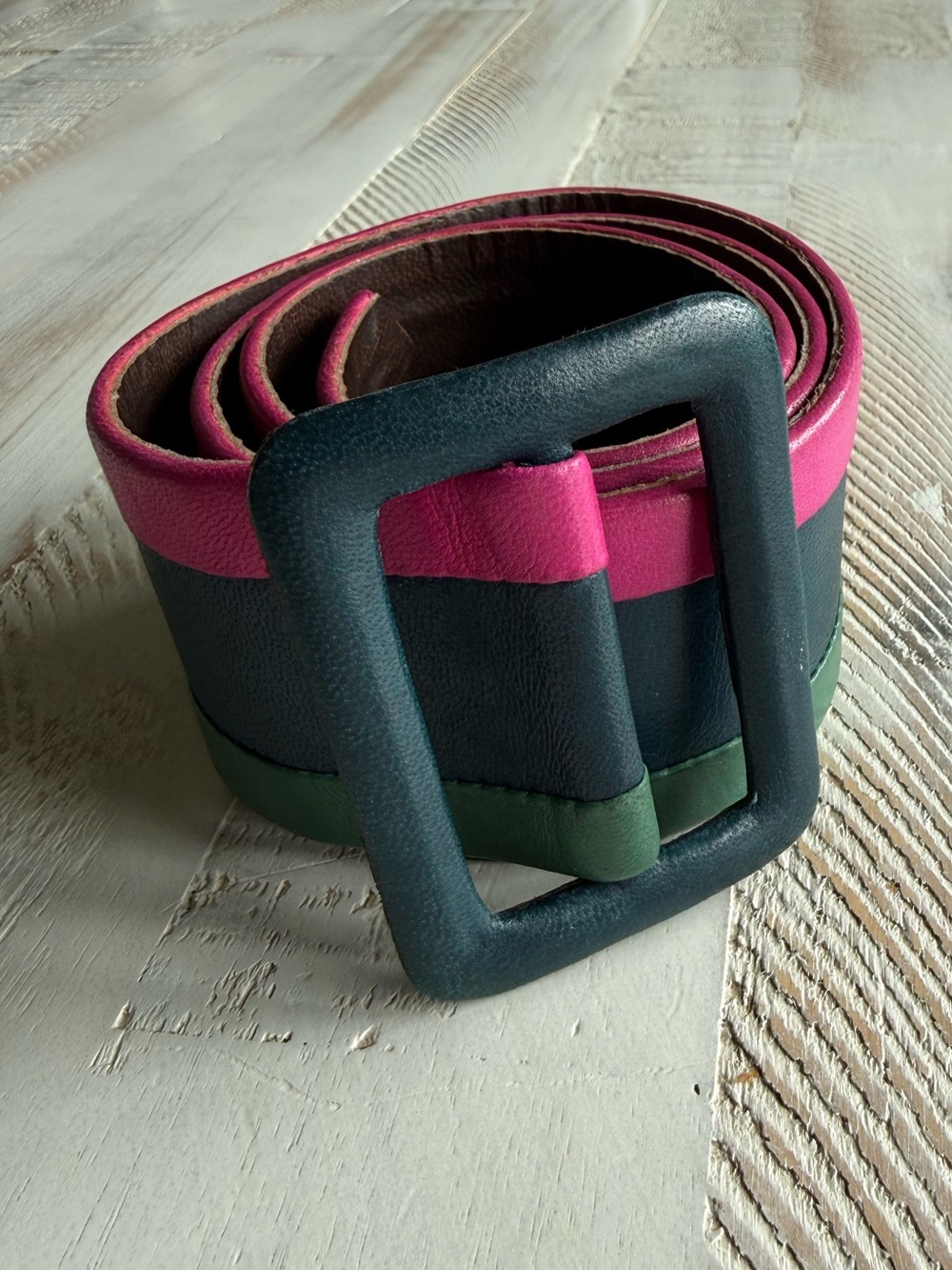 Bally Color Block Leather Belt Green Navy Pink Size 75 (33 inches long)